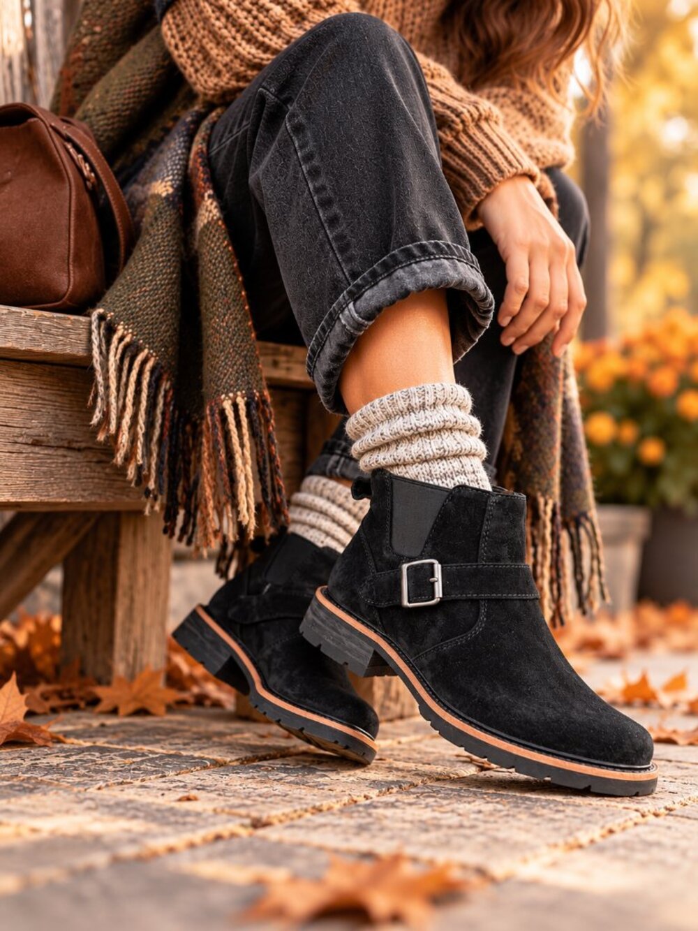 L.L.Bean Old Port Buckle Chelsea Black Suede Ankle Boots 6 Moto Lug Sole NWOB